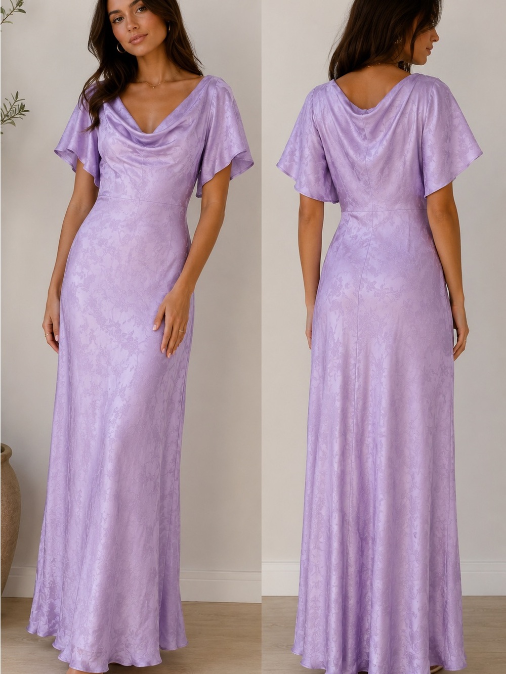 Lilac Cowl Neck Satin Maxi Dress with Flutter Sleeves
